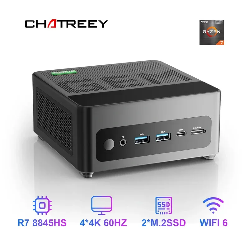 

Chatreey GEM Mini PC R7 8845HS 7840HS 780M R9 6900HX 680M Gaming Desktop Computer with WiFi 6/Bluetooth 5.2/OCuiLink/HDMI/USB 4