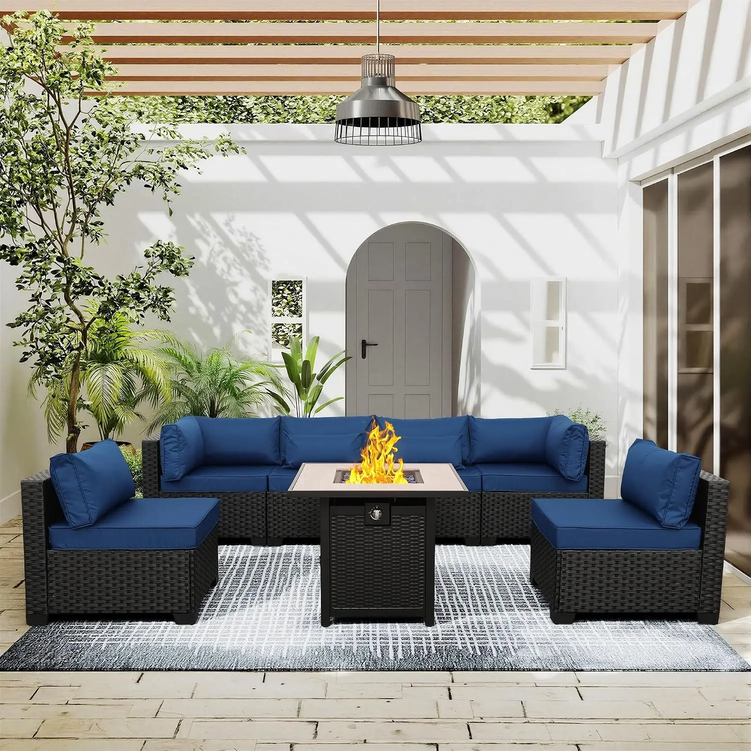 Outdoor Sectional Sofa Set with Fire Pit Table & Non-Slip Cushions, Navy, Customized