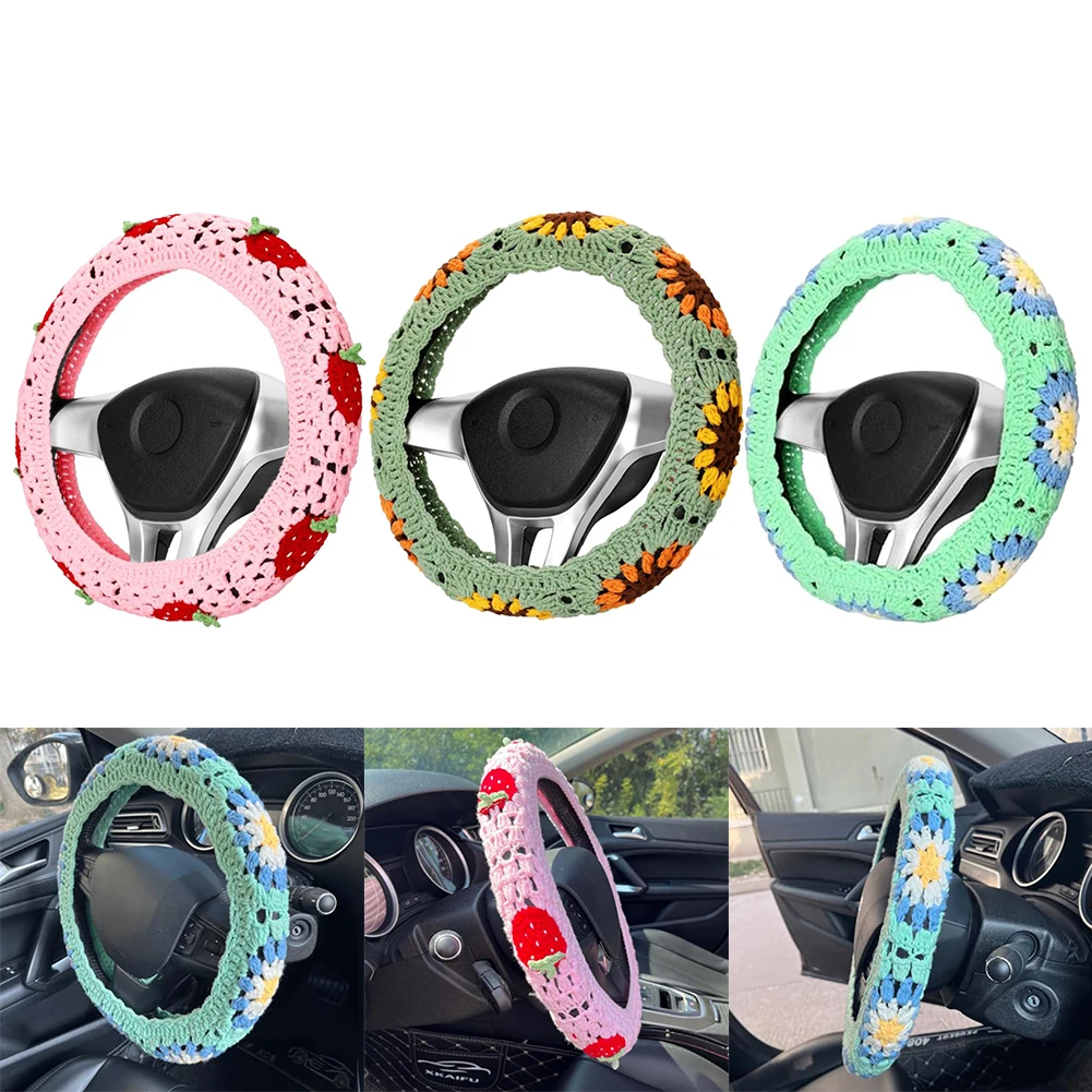 

Artfully Designed Crochet Steering Wheel Cover Highlighting a Beautiful Flower Pattern for Personal Touches in Cars