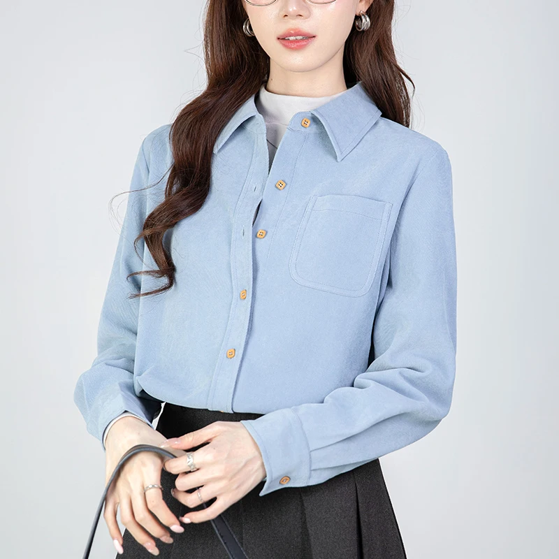 Otoño Invierno un bolsillo Vintage grueso blusas de mujer de un solo pecho ropa de trabajo de oficina Casual camisas sueltas Tops mujer 2025 nuevo