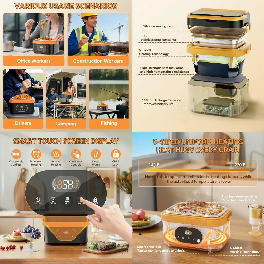 

Портативный электрический ланч-бокс с аккумулятором 16000 мАч, емкостью 1,5 л, беспроводным нагревом, столовыми приборами, термосумкой и разделителем для взрослых