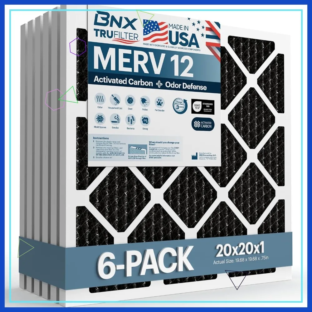 

20x20x1 MERV 12 AC Furnace Air Filter 6-Pack with Activated Carbon - Pleated HVAC Filter for Odor, Mold, Bacteria, Smoke Removal