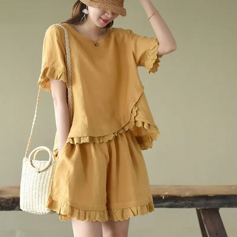 2 Piece Sets Women 2024 Summer Lace Patchwork Asymmetrical Short Sleeve Cotton Linen Tops Casual Solid Loose Beach Shorts Outfit