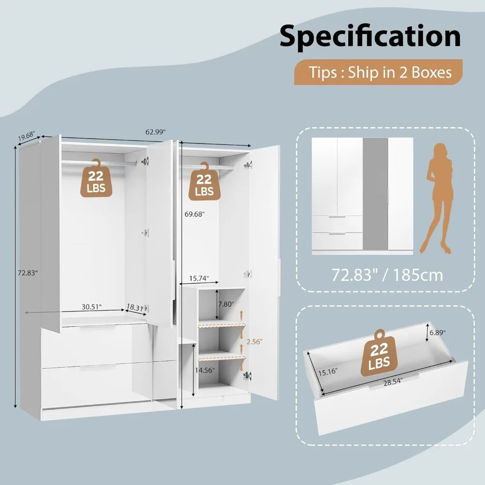 63" W x 72" High Gloss Wardrobe Closet with Mirror Doors and Drawers, 4 Door Armoire Wardrobe Closet with Drawers, Large White image 2
