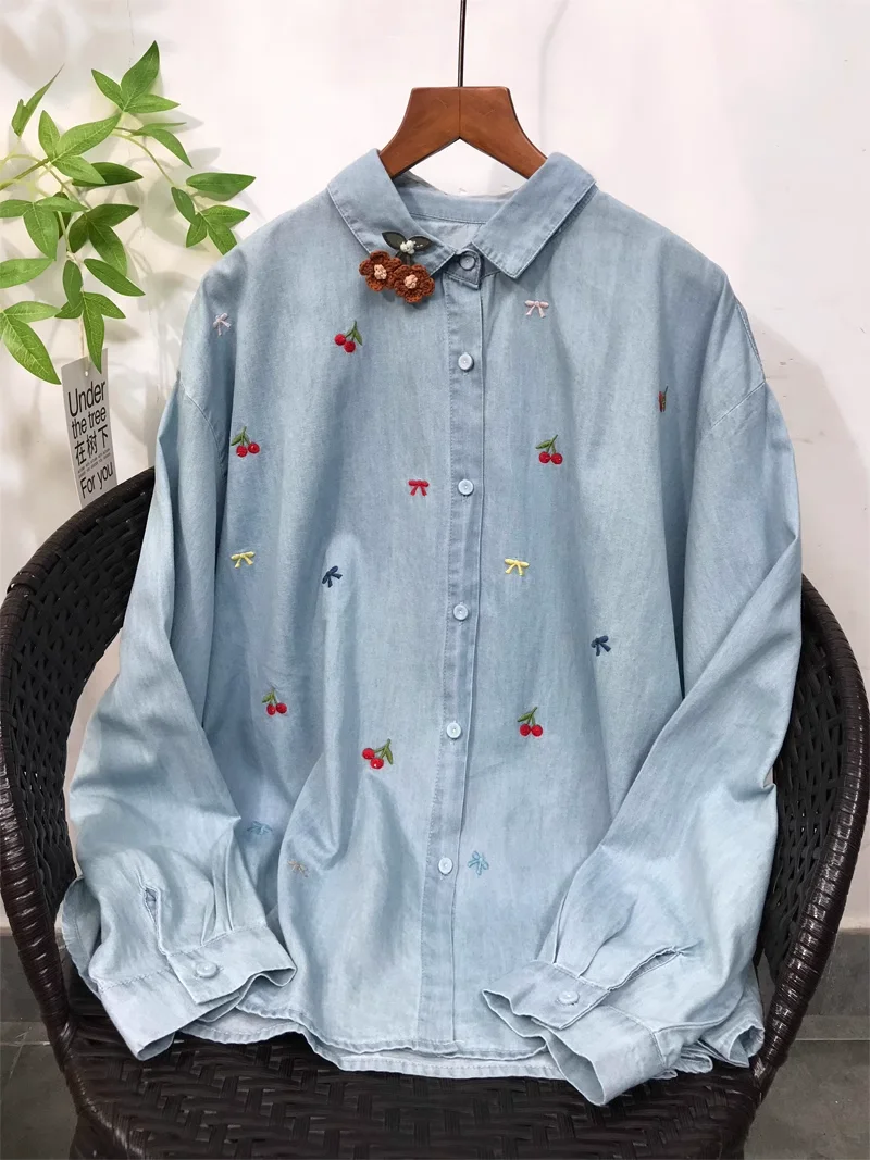 Mori kei clothing Japan style turndown collar cherry embroidery denim shirts and blouses for women long sleeve autumn jean shirt