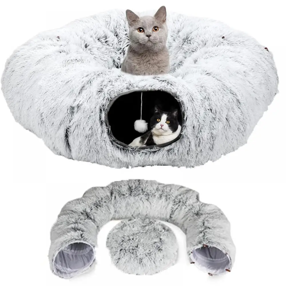 

Luxurious Cat Tunnel Bed with Dangling Balls Soft Warm Mat Fluffy Multifunctional Cats Tunnel Bed for Winter Plush Foldable Nest