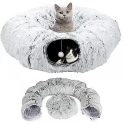 Luxurious Cat Tunnel Bed with Dangling Balls Soft Warm Mat Fluffy Multifunctional Cats Tunnel Bed for Winter Plush Foldable Nest