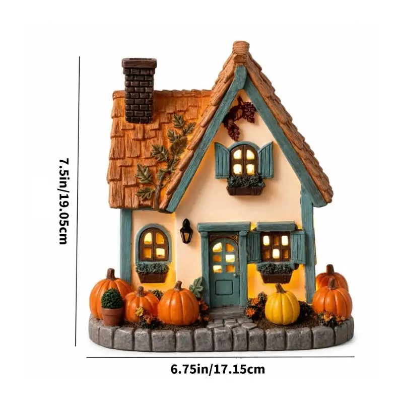 LED-Herbst-Kürbishaus-Dekoration, Harz-Tisch-Cottage-Statue mit warmem Licht, Ernte-Kaminsims-Akzent für Wohnzimmer und D2RD – Detail 6