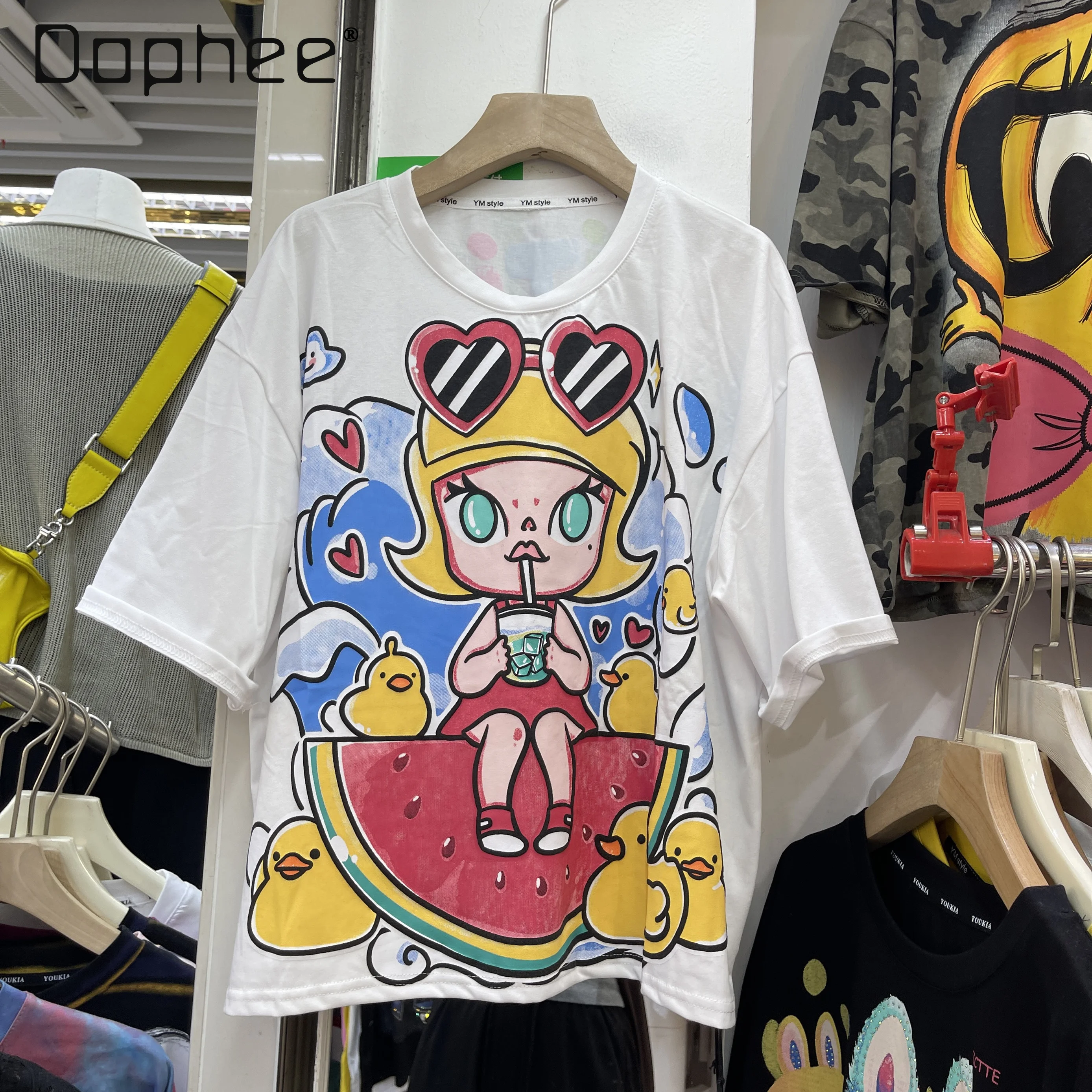 

2025 Summer New Korean Version Loose and Versatile Cartoon Glasses Girl Print Short-sleeved T-shirt Women's Top Trendy Tee