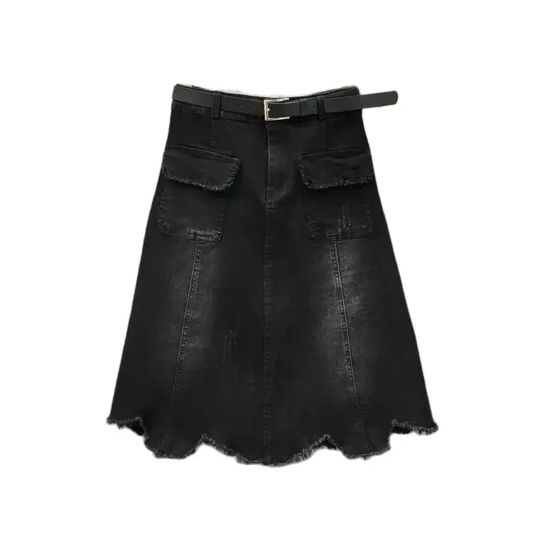 

Fashion Black Cowboy Hip Wrap Skirt Women's Spring Summer 2022 New Medium Long High Waist Loose Denim Miss A-Line Skirt