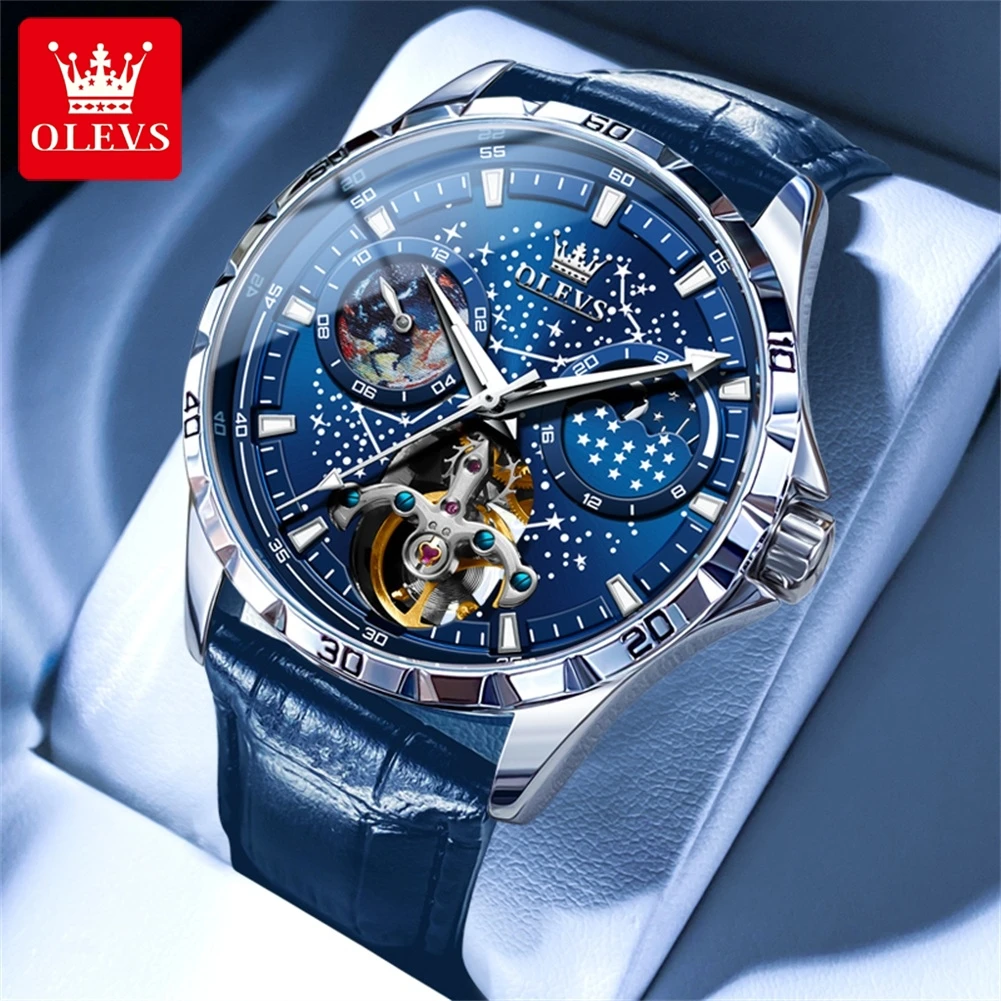 

OLEVS 6689 Blue Leather Watch for Men Starry Sky Dial Moon Phase Waterproof Chronograph Automatic Mechanical Men Wristwatch NEW