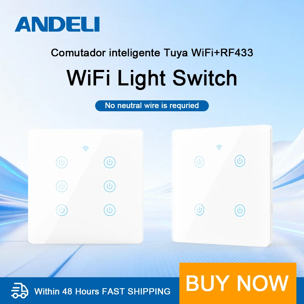WiFi Smart Switch 4*4 No Neutral 4/6 Gang Touch Light Wall Switch Remote Control Compatible with Alexa Google Home for Household