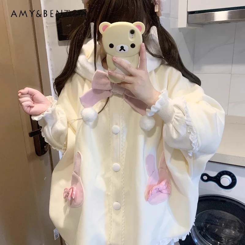 Rabbit Ear Plush Hooded Cute Bow Woolen Cape Coat Autumn Winter New Japanese Sweet Kawaii Lace Patchwork Loose Wool Coat Women