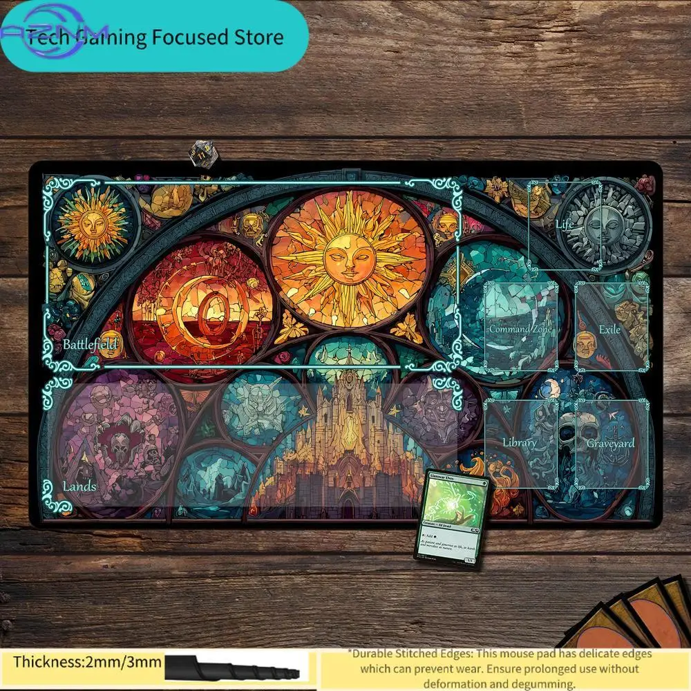 Magic The Gathering Stained Glass Cathedral Sun Playmat, MTG Play Mat with Zones, Stitched Edges, 2mm/3mm Thick