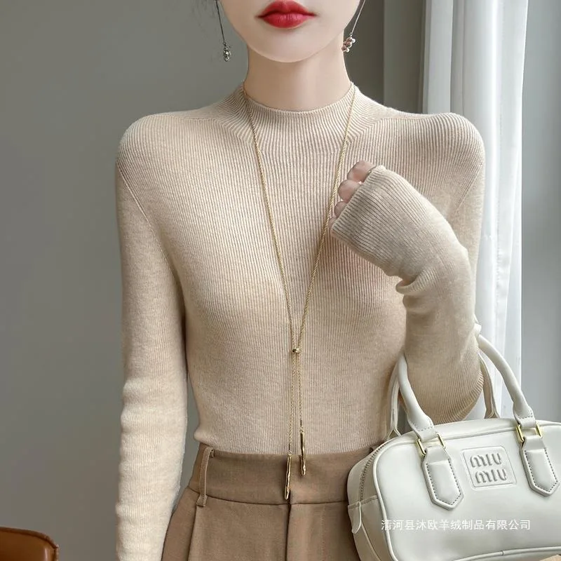 Women's New Wool Knitted Base Shirt Autumn Slim First-line Ready-to-wear Half-high Collar Sweater