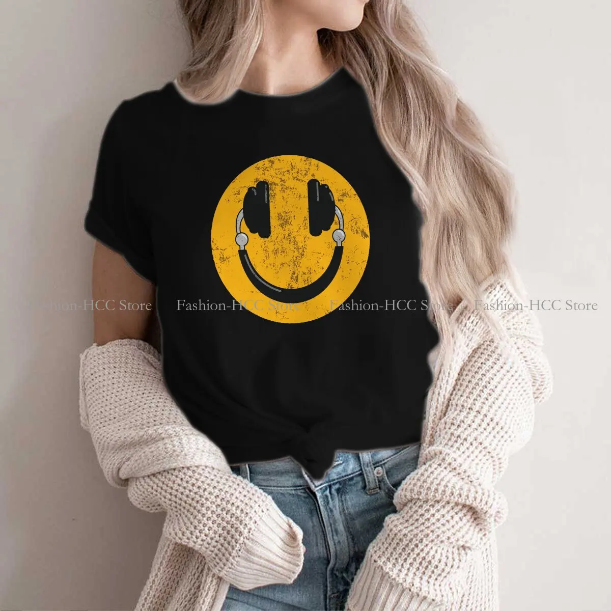 Smile Fashion Polyester TShirts DJ Disc Jockey Music Dater Women Style Streetwear T Shirt Round Neck