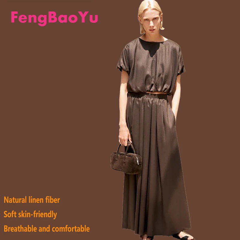 

100% Natural Linen Women's Suit Black Short T-shirt and Half Skirt 2 Pieces Fashion Temperament Spring Summer High-end Clothing