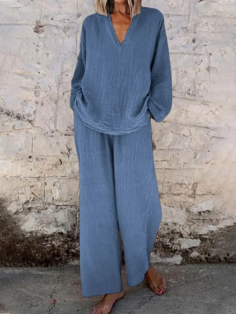 New Women Elegant Cotton Linen Suit 2-piece Set V-neck Top Pants Sets 2025 Spring Summer Casual Long Sleeve Loose Solid Outfits