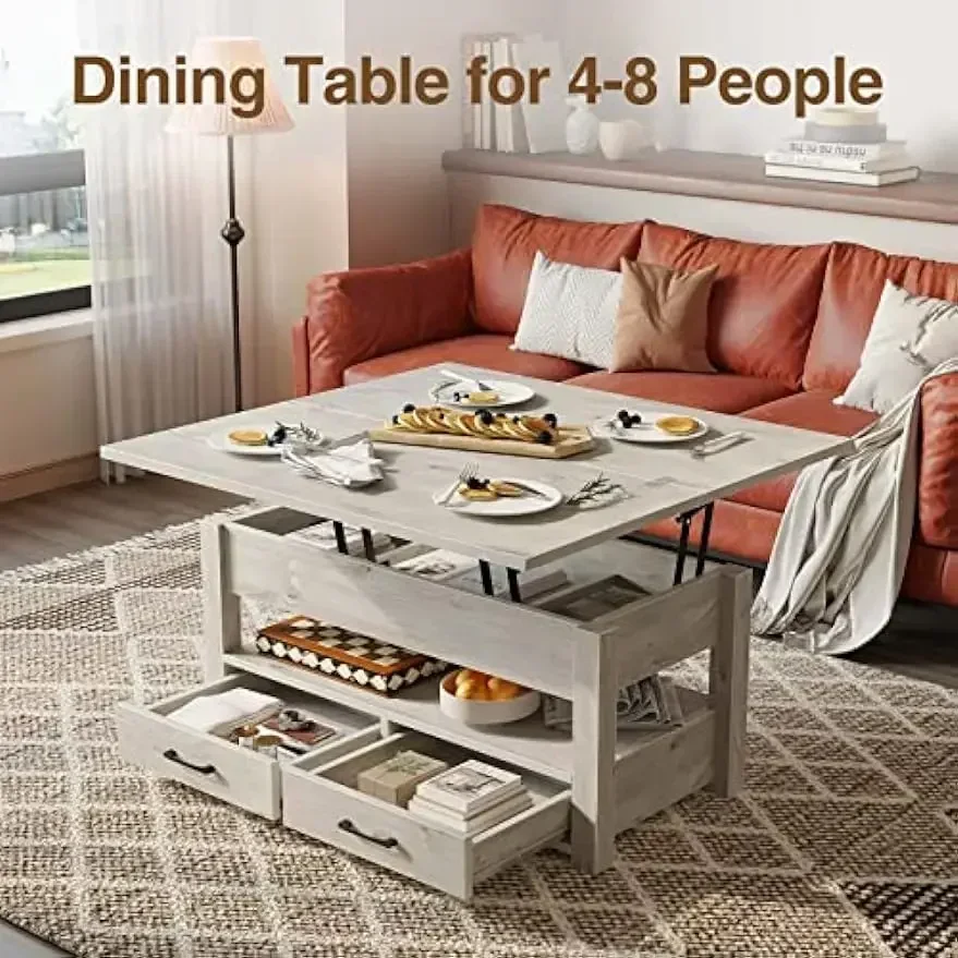 Multi-Function Convertible Coffee Table Drawers and Hidden Compartment,Coffee Table Converts to Dining Table Living Room