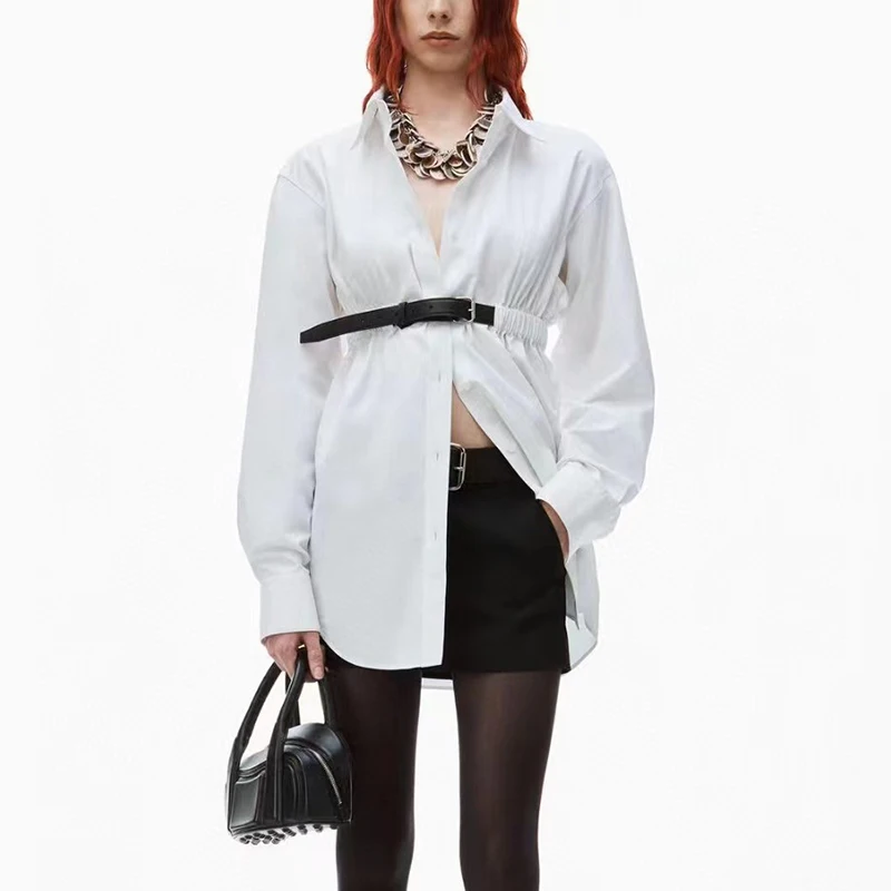

Belt Waist Shirtdress, French Fashion Peplum Women's Tops, High Quality Cotton, Slim Fit, Y2K, Summer 2024, New!