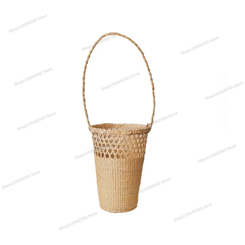 For straw size flower basket yellow grass woven bag travel vacation beach bag solid color handbag rattan bag