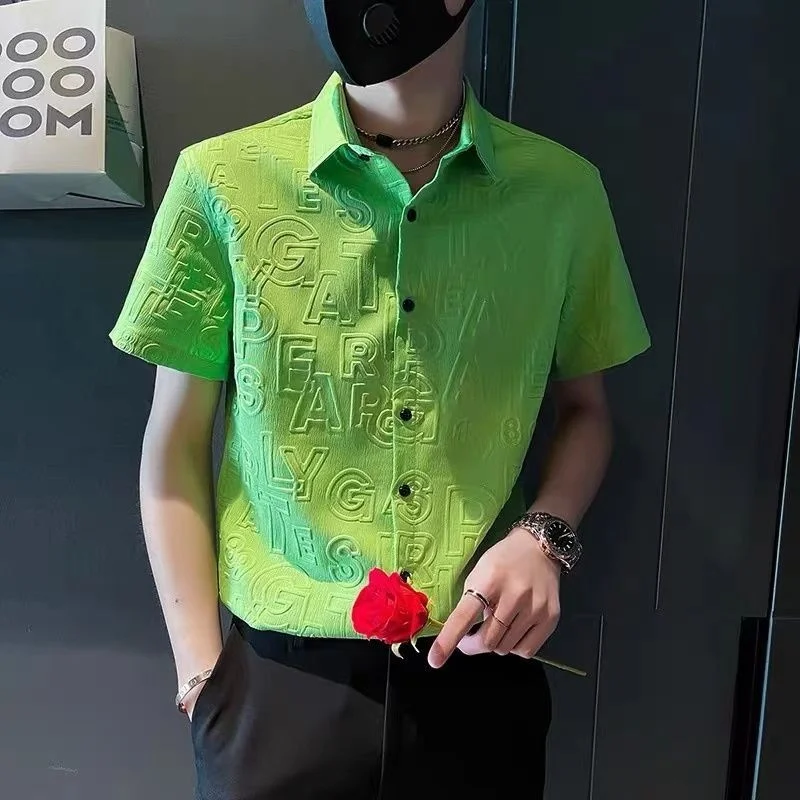 

Men's Korean Shirt 3D Letter Full Print Summer New Short Sleeve Design Niche Trend Versatile Casual Clothes Handsome Green Hot
