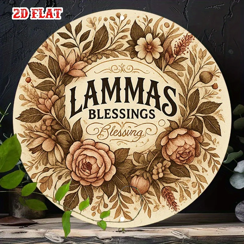 2D Flat, 1pc Vintage Lammas Blessings Floral Wreath Round Metal Wall Decor - Rustic Farmhouse Beige & Brown Autumn Sign with Bei