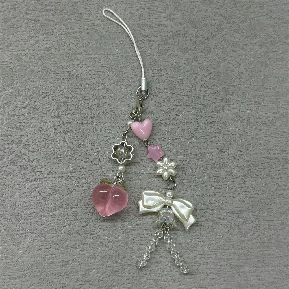 1pcsKawaii الخوخ الهاتف Charms قلادة لطيف Bowknot XYun اليدوية الحلو فتاة المفاتيح آيفون كاميرا سلسلة جديدة الحب القلب