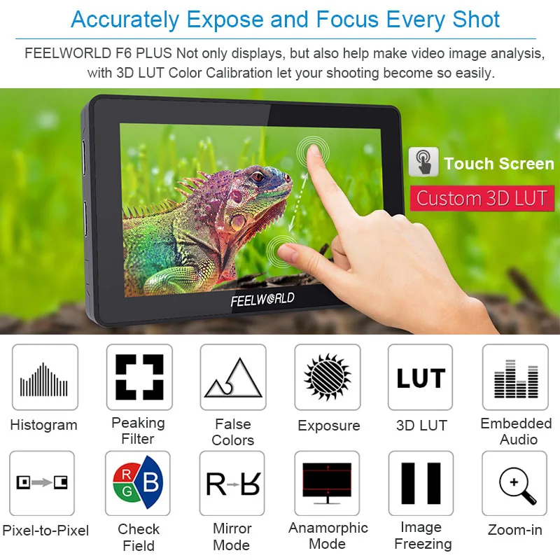 Imagem -02 - Feelworld-monitor de Campo Dslr Portátil f6 Plus v2 4k Câmera de Tela Sensível ao Toque 3d Lut Tela Ips Fhd 1920x1080
