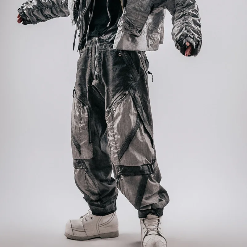 HKSH Spring Autumn New Men Tide Dark Punk Waste Land Three-Dimensional Cut Patchwork Washed Ins Loose Casual Cargo Pants HK26134