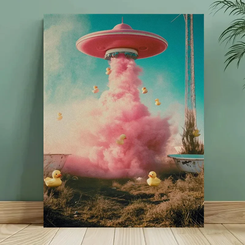 Vintage UFO Canvas Art Print,Frameless Surreal Sci-Fi Decor,Pink Alien Wall for Space Enthusiasts and Sci-Fi Fans,Unique Gift