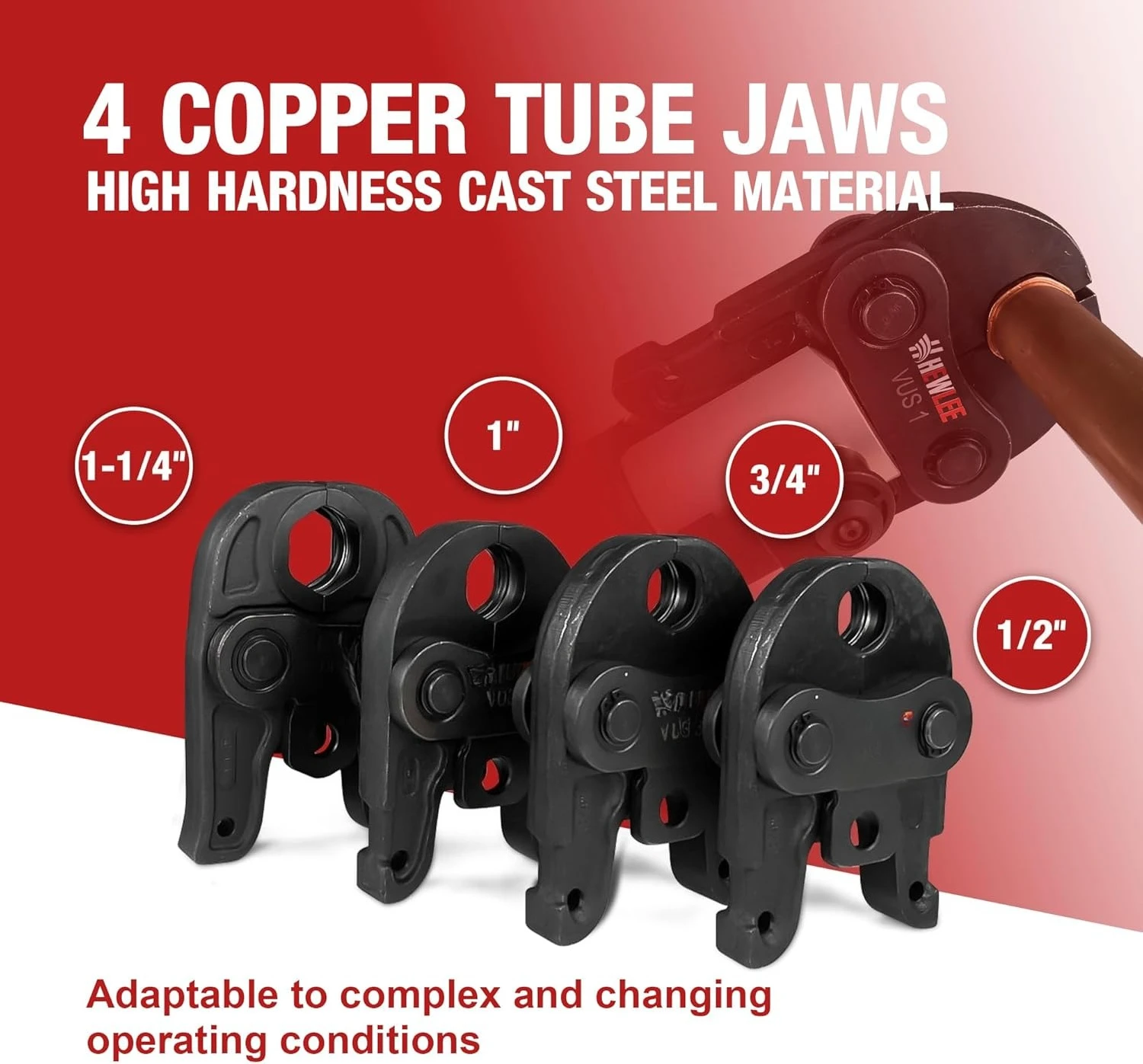

Copper Crimper Tool with 4 Jaws 1/2", 3/4", 1",1-1/4", Battery Powered Crimping Tool 42KN for US Standard Copper Pipe