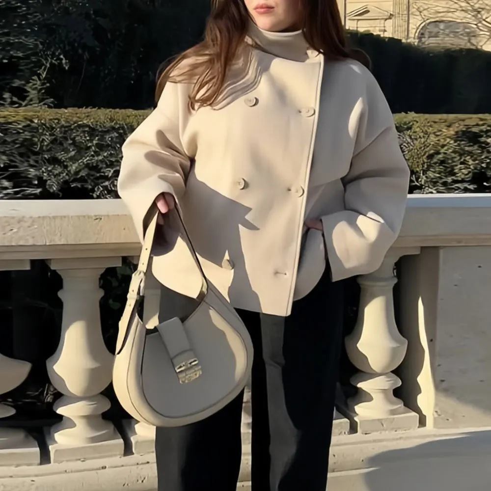 

Двустороннее шерстяное пальто женское, универсальное, высококачественное, элегантное, с высоким воротником, однотонное, с карманом