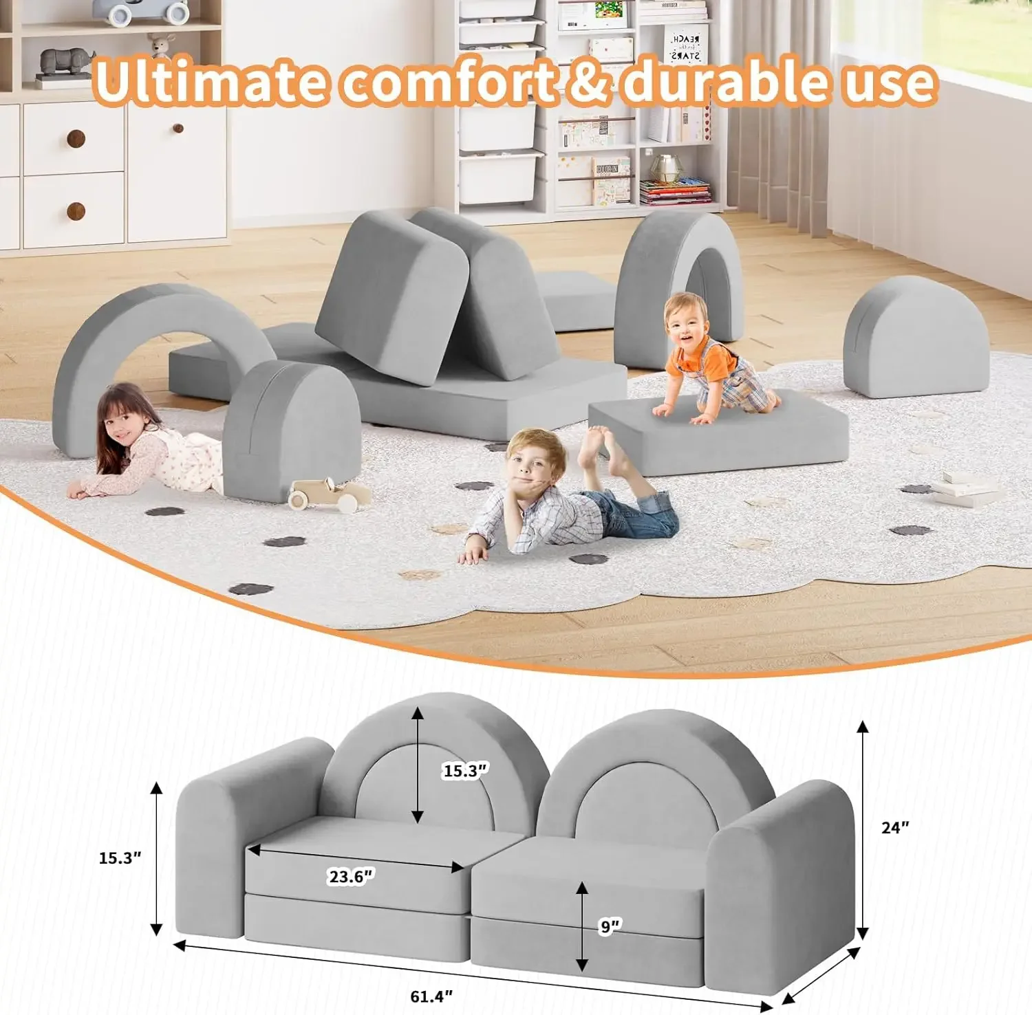 Kids Play Couch, 10pcs Kids Play Couch for Playroom Bedroom, Convertible Modular Toddler Couch, Creative Kids