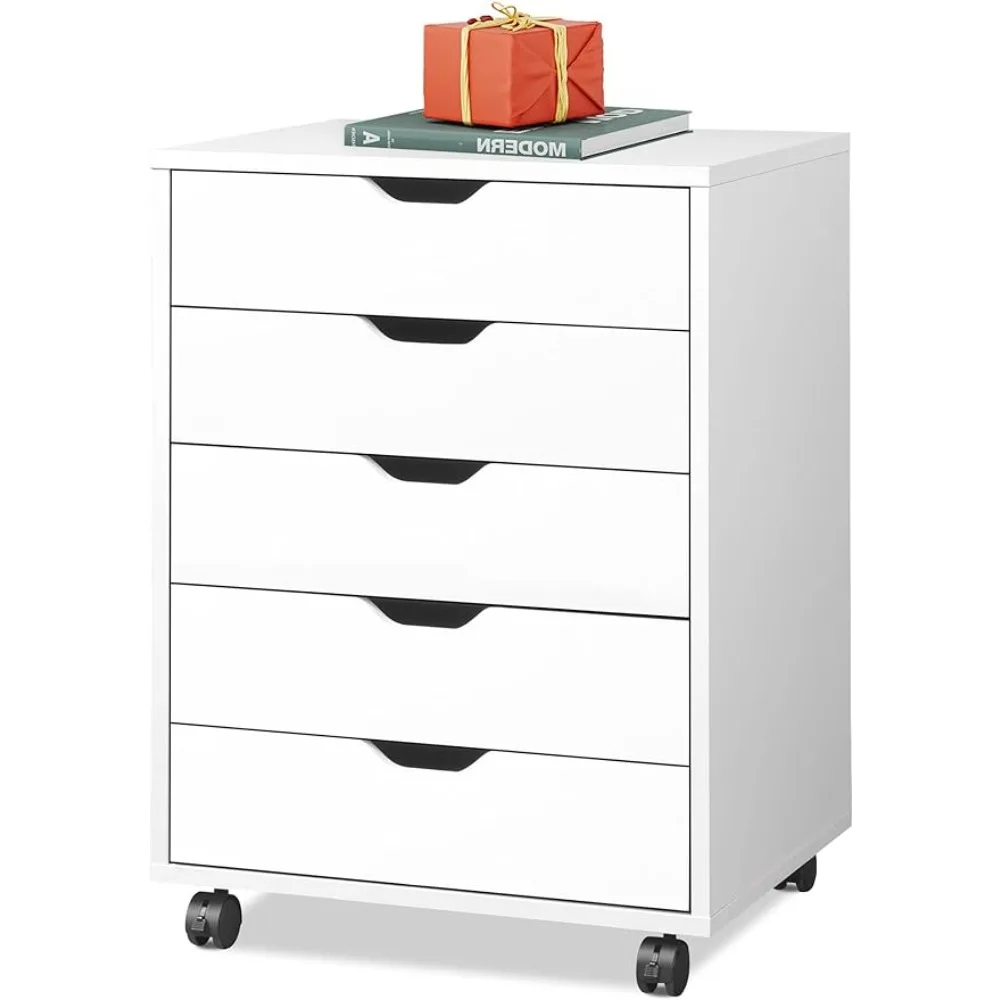 

5 Drawer Wooden Storage Dresser Cabinet on Wheels White