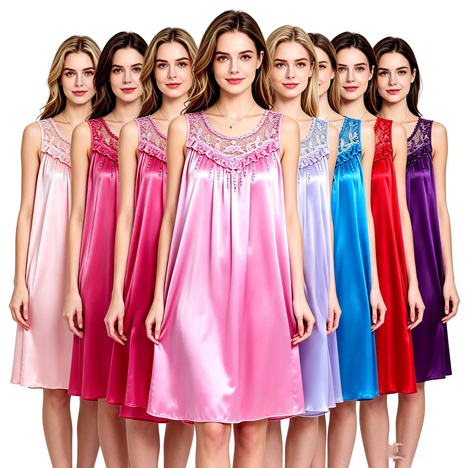 Women Lace Ruffle Sleeveless Satin Nightgown Loose Silky Chemise Soft Ladies Summer Sleepwear Elegant Home Loungewear Nightdress