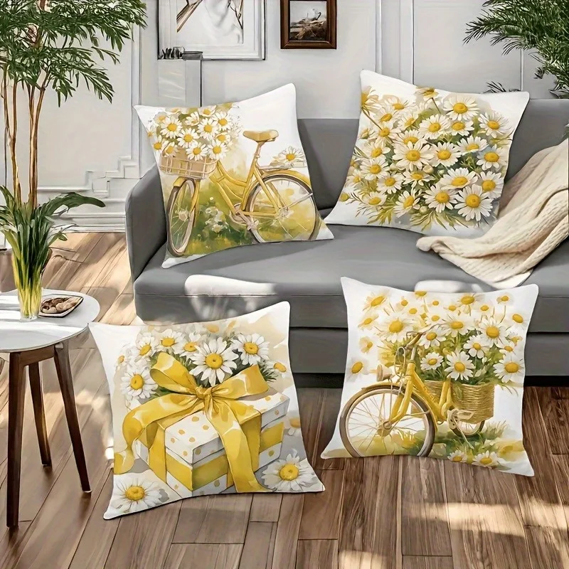 Boho Floral Daisy Spring Bicycle Pattern Cushion Covers Set 4 Pieces Vintage Cottagecore Home Decor Throw Pillows for Living