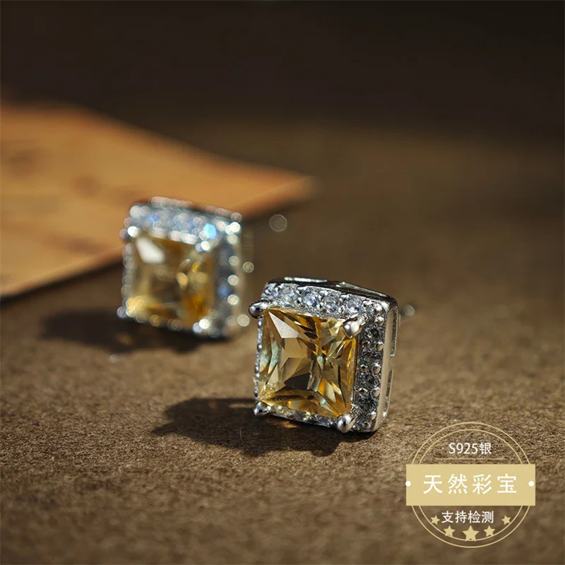 

Серьги-гвоздики с натуральным цитрином квадратной формы, серьги из стерлингового серебра 925 пробы для женщин, драгоценный камень, настоящий модный подарок для девочек