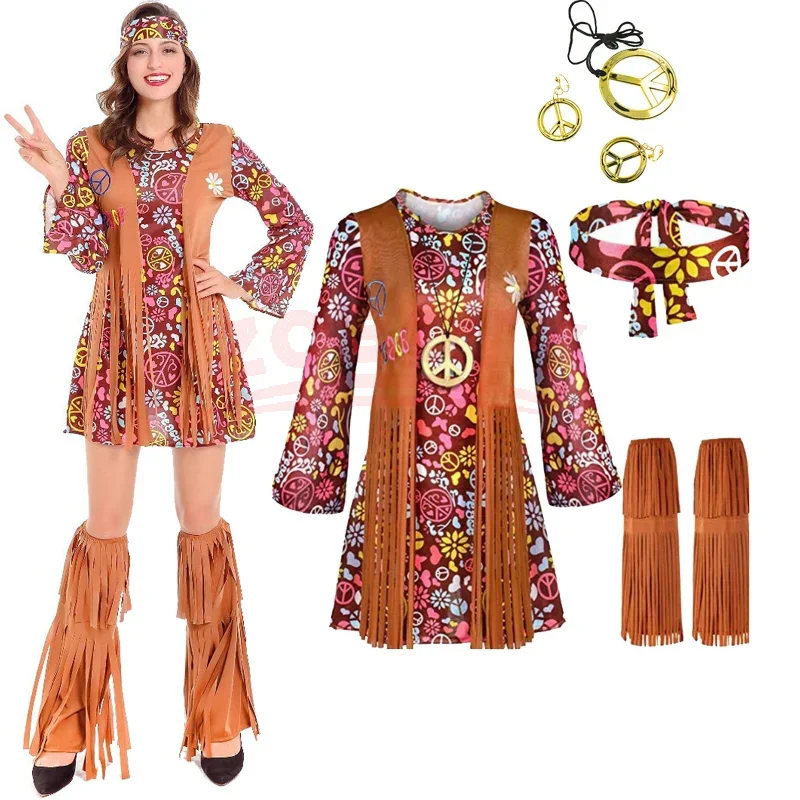Vestido Hippie Retro de los 70 para Mujer, Cuello Redondo, Manga Acampanada, Traje Disco, Disfraz de Fiesta de los 60, Cosplay, Carnaval