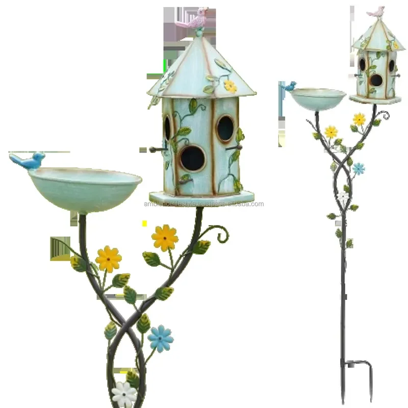 Rustic Garden Bird Bath Feeder House Set Outdoor Patio Decor Wooden Stake Stand for Backyard Lawn Ornament Wildlife Habitat