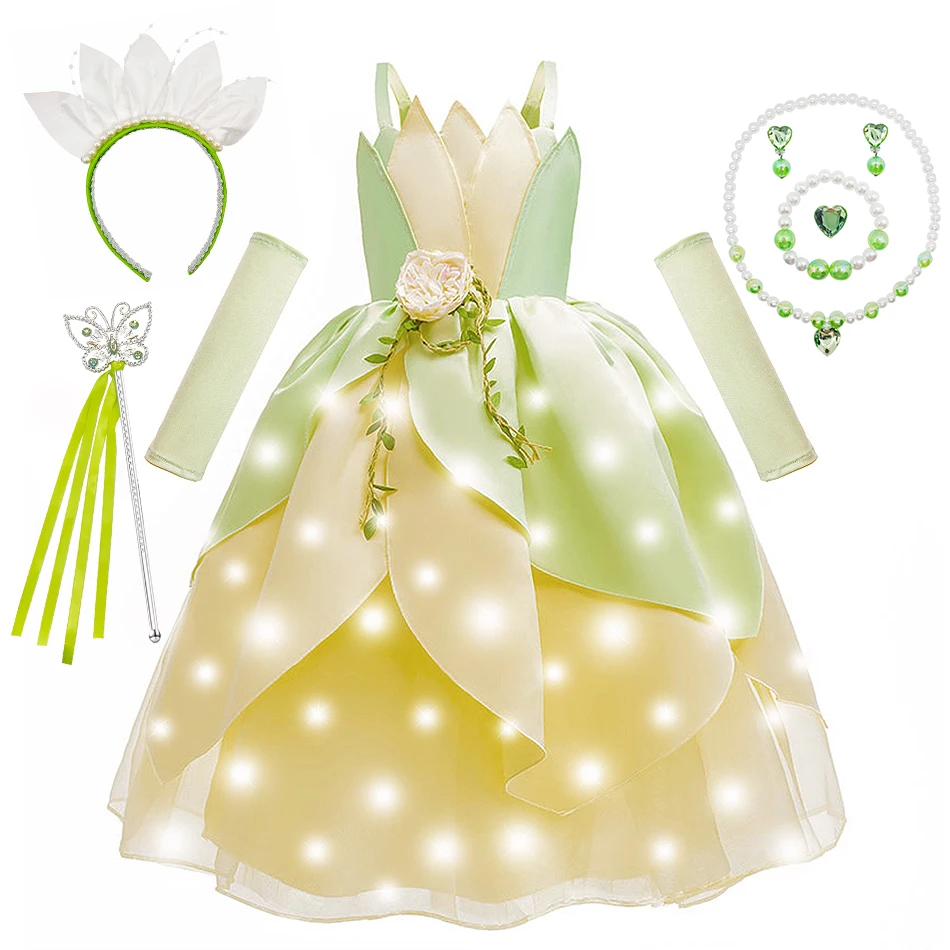 Tiana Fairy Princess Dress Girls Cosplay Floral Fluffy Birthday Frocks Children Stage Performance Halloween Party Fantasy Gown