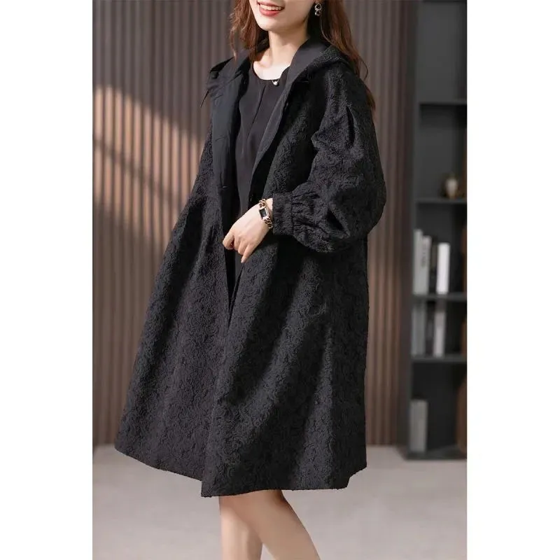 Black Jacquard Windbreaker Women\'s Long 2024 Spring Autumn New Casual Loose Coat Fashion Loose Outwear Hooded Trench Coat Female