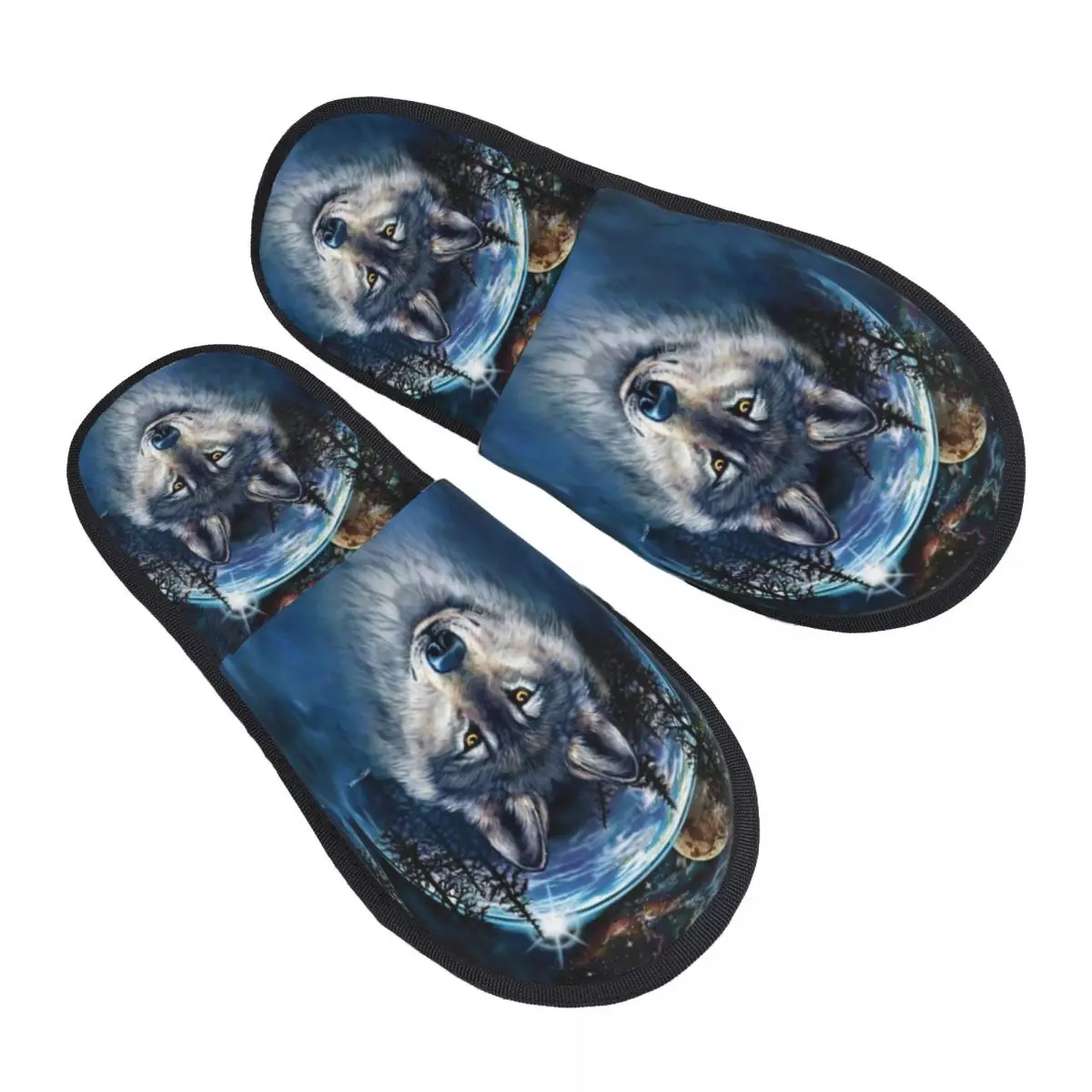 Custom Print Women Wolf House Slippers Soft Warm Animal Memory Foam Fluffy Slipper Indoor Outdoor Shoes