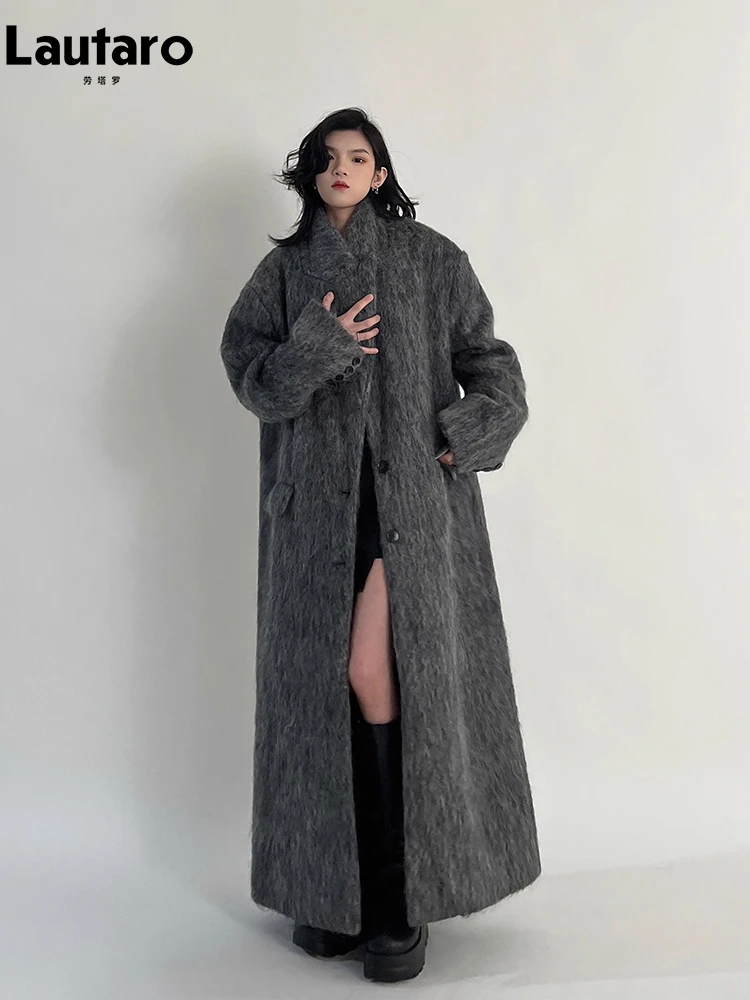 Lautaro jesienno-zimowe ubrania damskie Oversized bardzo długi na co dzień ciepła Grey wełna i płaszcz z mieszanki kobiety Maxi puszysty wełniany płaszcz