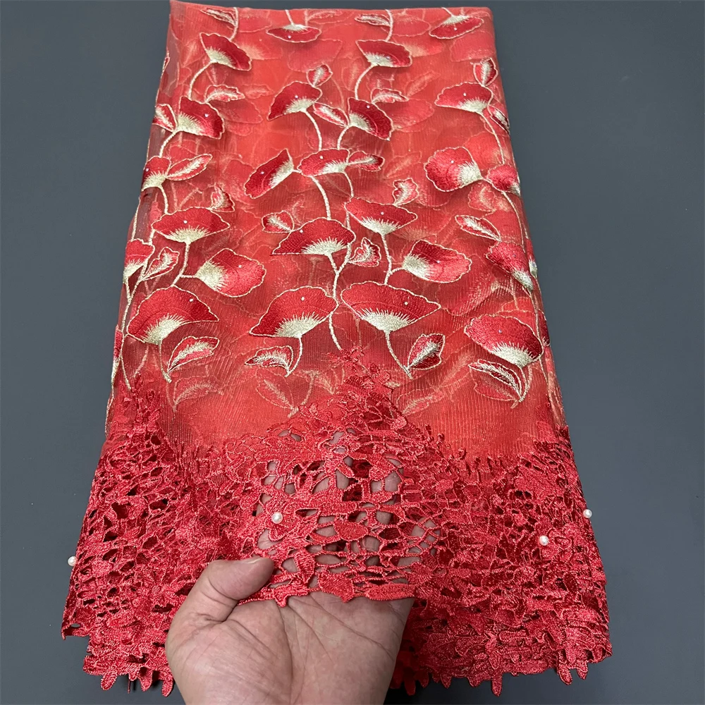 

2025 Premium African Nigerian Embroidered Lace Tulle Fabric Guipure Sequins Luxury Wedding Dress Bridal Gown Net Cloth 5 Yards