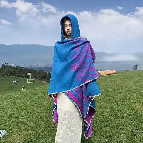 Retro Ethnic Style Large Cloak Shoulder Wrap Women's Outerwear with Hat Scarf Summer Travel Clothing Xinjiang Tibet