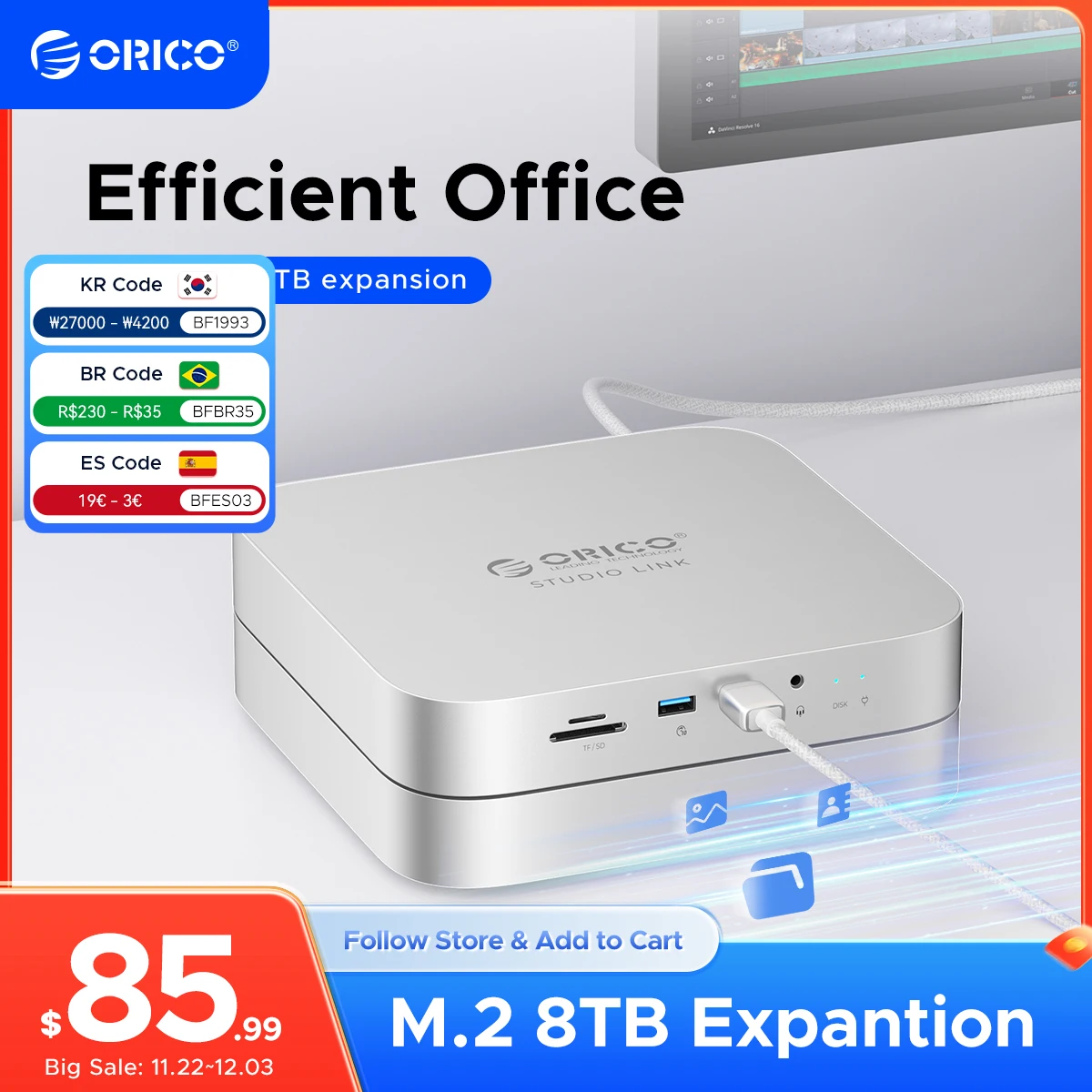 ORICO StudioLink USB C HUB USB3.2 10GB SD/TF3.0 8-in-1 Docking Station for Mac mini Chassis with M.2 NVME Solid State Drive