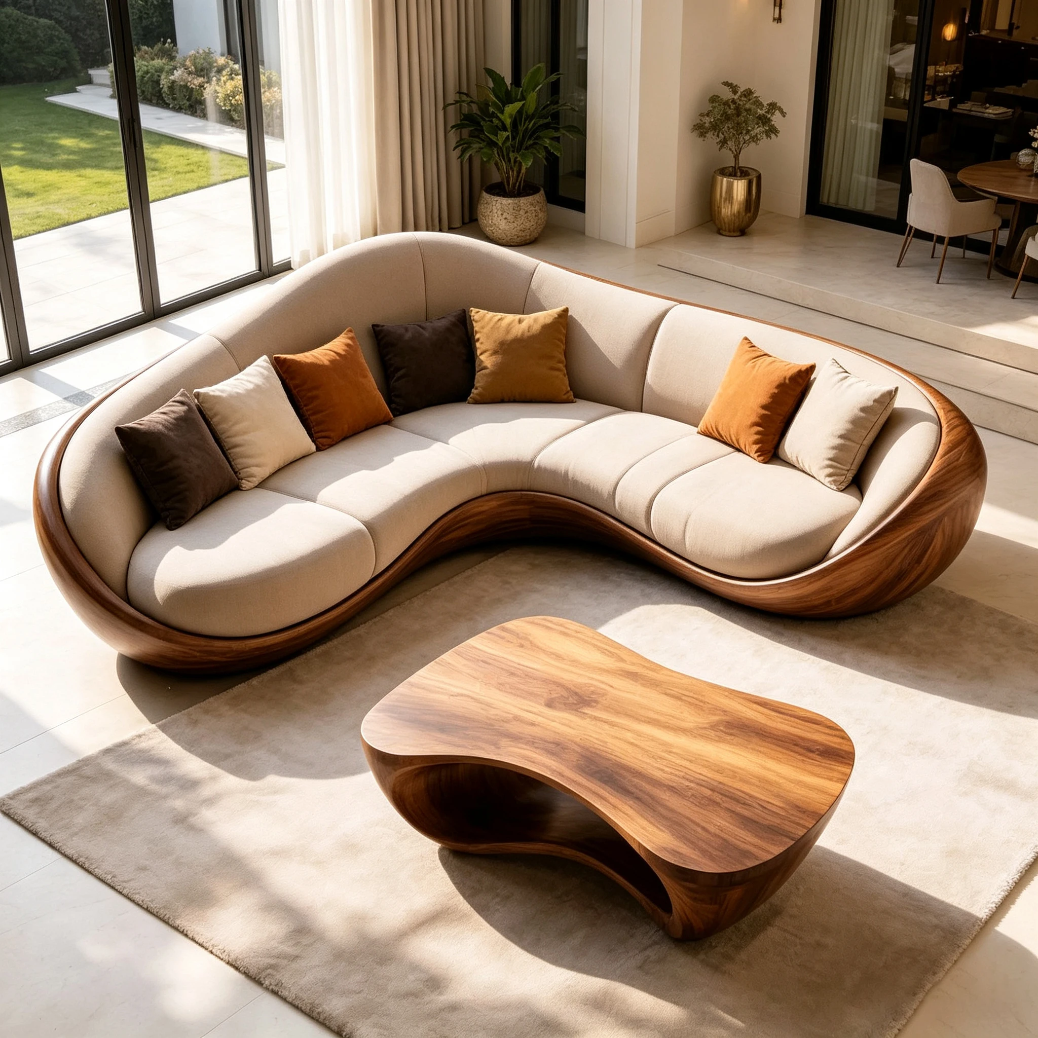 Z*-Modern Wavy Multi-Seat Sofa with Fiberglass Wood   Soft Beige Fabric Upholstery and Decorative Throw Pillows^