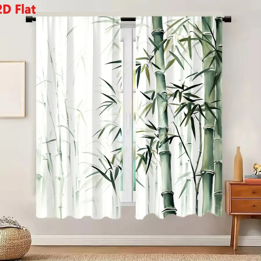 2Pcs Curtains 2D Flat Traditional East Asian Ink Wash Painting Bamboo Stalks And Leaves On Soft White Background Window Drapes f