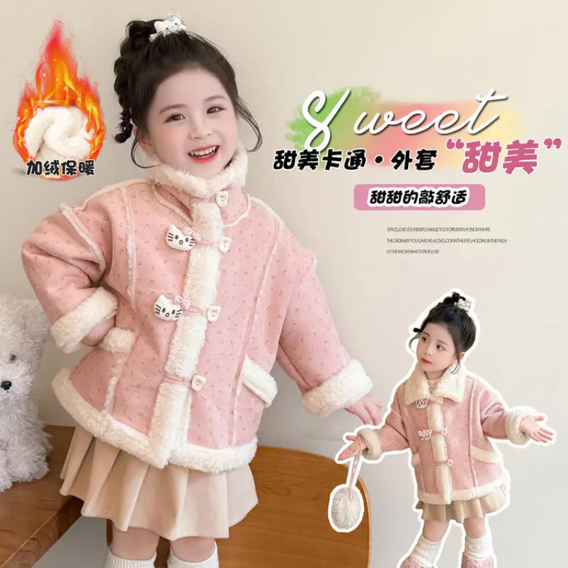 

Зимняя флисовая куртка Sanrio с героями мультфильмов «Hello Kitty» для девочек, зимнее пальто, модная верхняя одежда, детские теплые топы, одежда для маленьких девочек